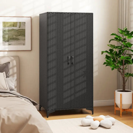 62 Inch Wicker Wardrobe with 2 Doors PE Rattan Closet with Hanging Rod-Black - Black - Armoires & Wardrobes
