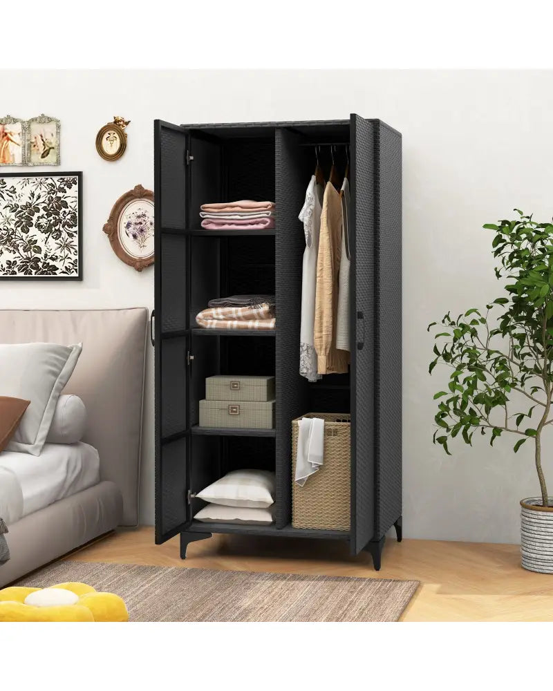 62 Inch Wicker Wardrobe with 2 Doors PE Rattan Closet with Hanging Rod-Black - Black - Armoires & Wardrobes