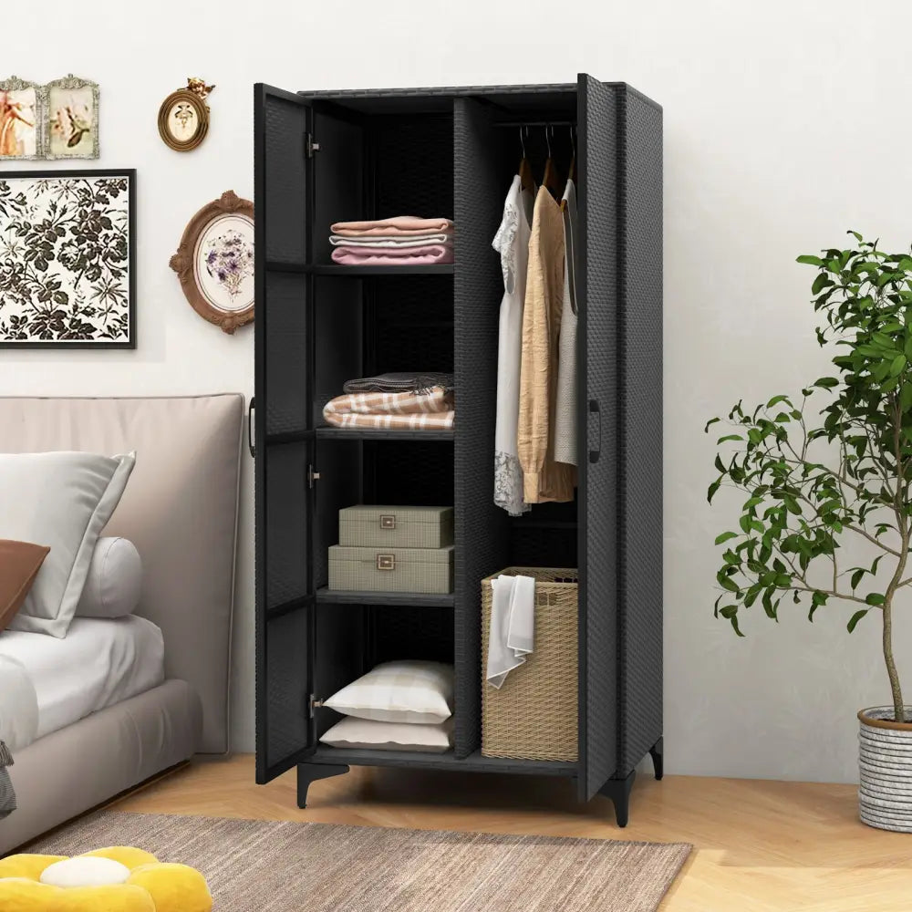 62 Inch Wicker Wardrobe with 2 Doors PE Rattan Closet with Hanging Rod-Black - Black - Armoires & Wardrobes