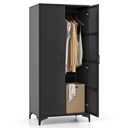 62 Inch Wicker Wardrobe with 2 Doors PE Rattan Closet with Hanging Rod-Black - Black - Armoires & Wardrobes