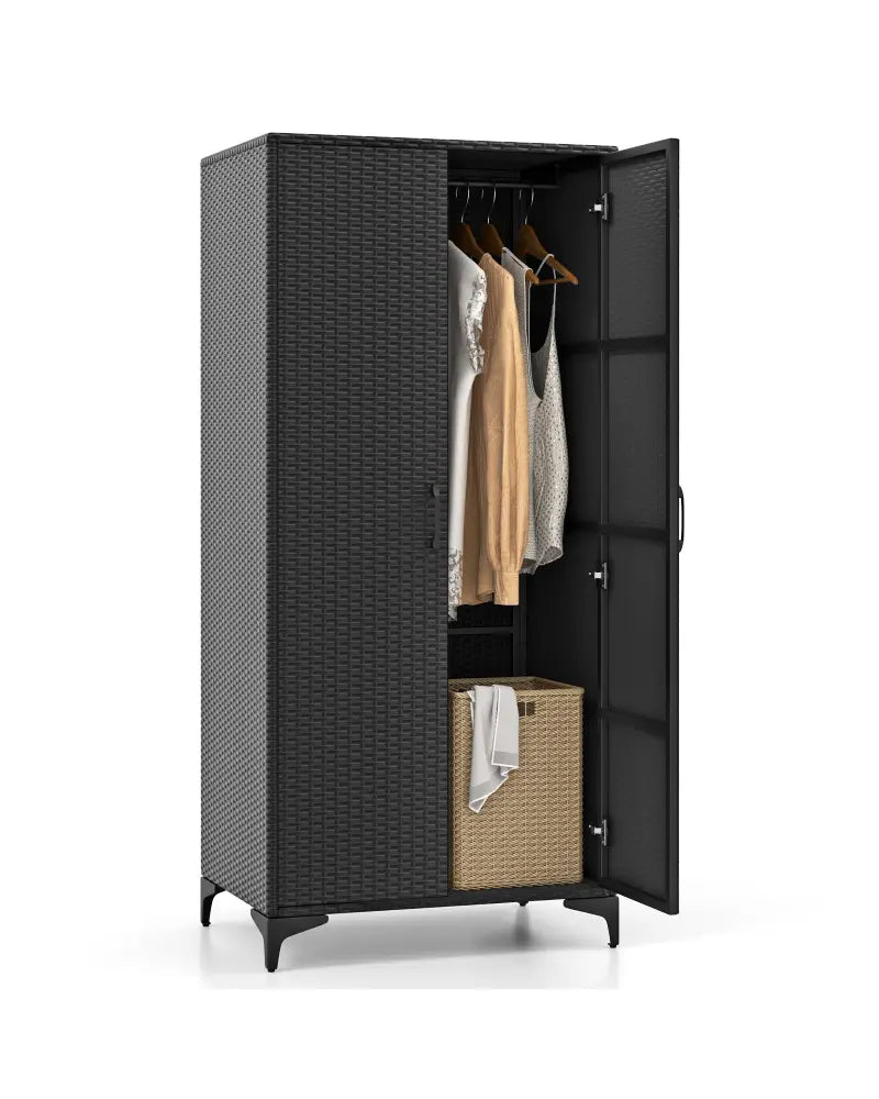 62 Inch Wicker Wardrobe with 2 Doors PE Rattan Closet with Hanging Rod-Black - Black - Armoires & Wardrobes