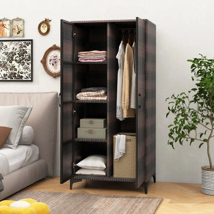 62 Inch Wicker Wardrobe with 2 Doors PE Rattan Closet with Hanging Rod-Brown - Brown - Armoires & Wardrobes