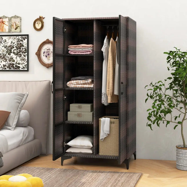 62 Inch Wicker Wardrobe with 2 Doors PE Rattan Closet with Hanging Rod-Brown - Brown - Armoires & Wardrobes