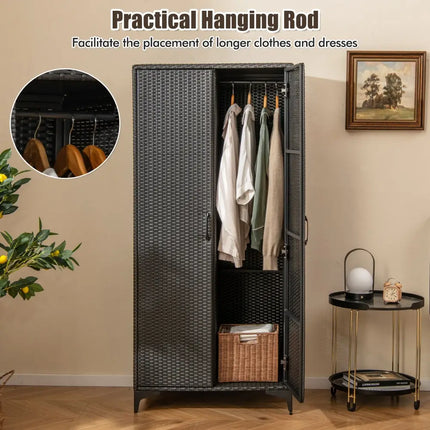 62 Inch Wicker Wardrobe with 2 Doors PE Rattan Closet with Hanging Rod-Black - Black - Armoires & Wardrobes