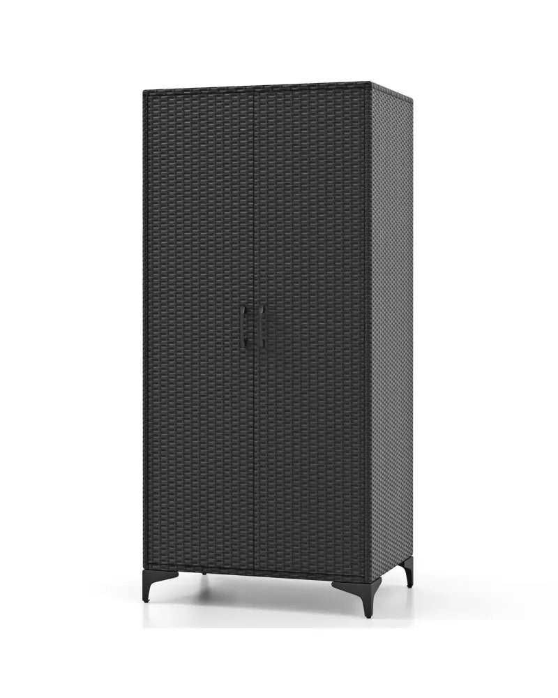 62 Inch Wicker Wardrobe with 2 Doors PE Rattan Closet with Hanging Rod-Black - Black - Armoires & Wardrobes