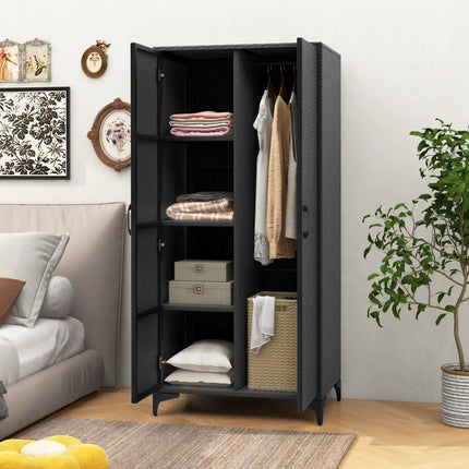 62 Inch Wicker Wardrobe with 2 Doors PE Rattan Closet with Hanging Rod-Black - Black - Armoires & Wardrobes