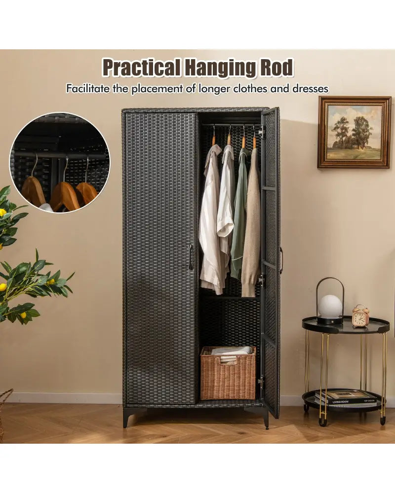 62 Inch Wicker Wardrobe with 2 Doors PE Rattan Closet with Hanging Rod-Black - Black - Armoires & Wardrobes