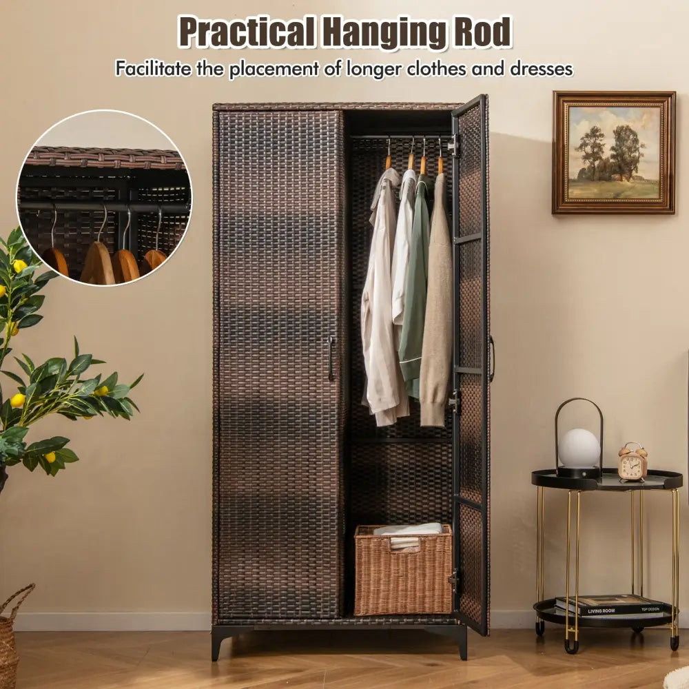 62 Inch Wicker Wardrobe with 2 Doors PE Rattan Closet with Hanging Rod-Brown - Brown - Armoires & Wardrobes