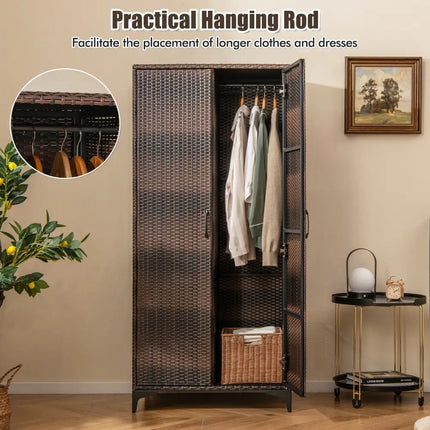62 Inch Wicker Wardrobe with 2 Doors PE Rattan Closet with Hanging Rod-Brown - Brown - Armoires & Wardrobes
