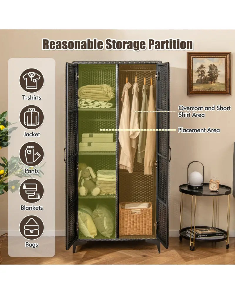 62 Inch Wicker Wardrobe with 2 Doors PE Rattan Closet with Hanging Rod-Black - Black - Armoires & Wardrobes