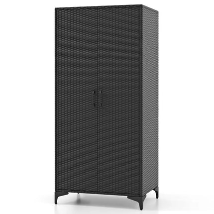 62 Inch Wicker Wardrobe with 2 Doors PE Rattan Closet with Hanging Rod-Black - Black - Armoires & Wardrobes