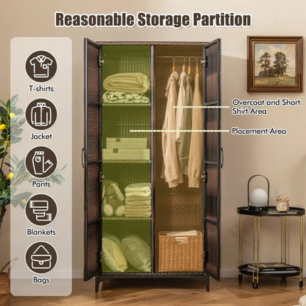 62 Inch Wicker Wardrobe with 2 Doors PE Rattan Closet with Hanging Rod-Brown - Brown - Armoires & Wardrobes