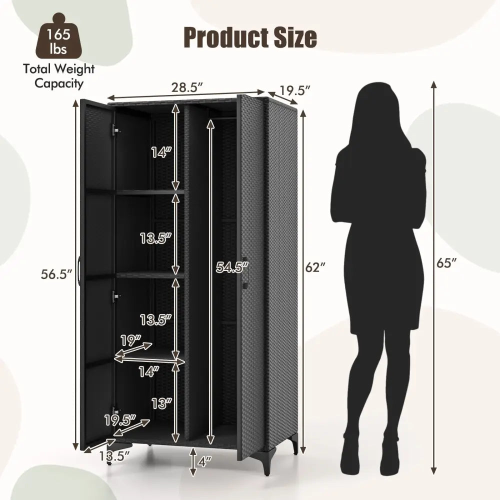 62 Inch Wicker Wardrobe with 2 Doors PE Rattan Closet with Hanging Rod-Black - Black - Armoires & Wardrobes