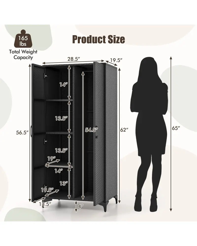 62 Inch Wicker Wardrobe with 2 Doors PE Rattan Closet with Hanging Rod-Black - Black - Armoires & Wardrobes