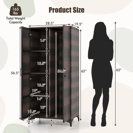 62 Inch Wicker Wardrobe with 2 Doors PE Rattan Closet with Hanging Rod-Brown - Brown - Armoires & Wardrobes