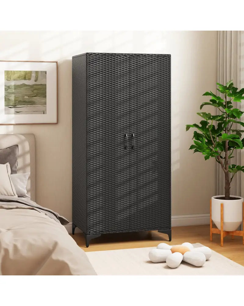 62 Inch Wicker Wardrobe with 2 Doors PE Rattan Closet with Hanging Rod-Black - Black - Armoires & Wardrobes