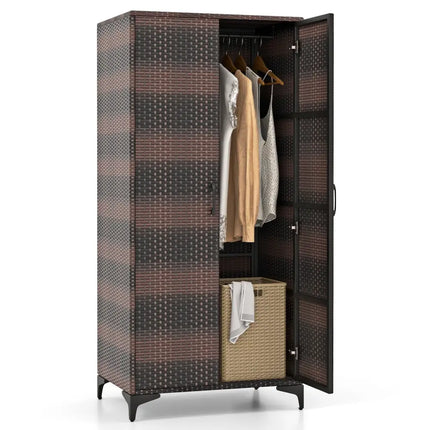 62 Inch Wicker Wardrobe with 2 Doors PE Rattan Closet with Hanging Rod-Brown - Brown - Armoires & Wardrobes