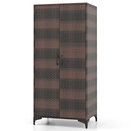 62 Inch Wicker Wardrobe with 2 Doors PE Rattan Closet with Hanging Rod-Brown - Brown - Armoires & Wardrobes