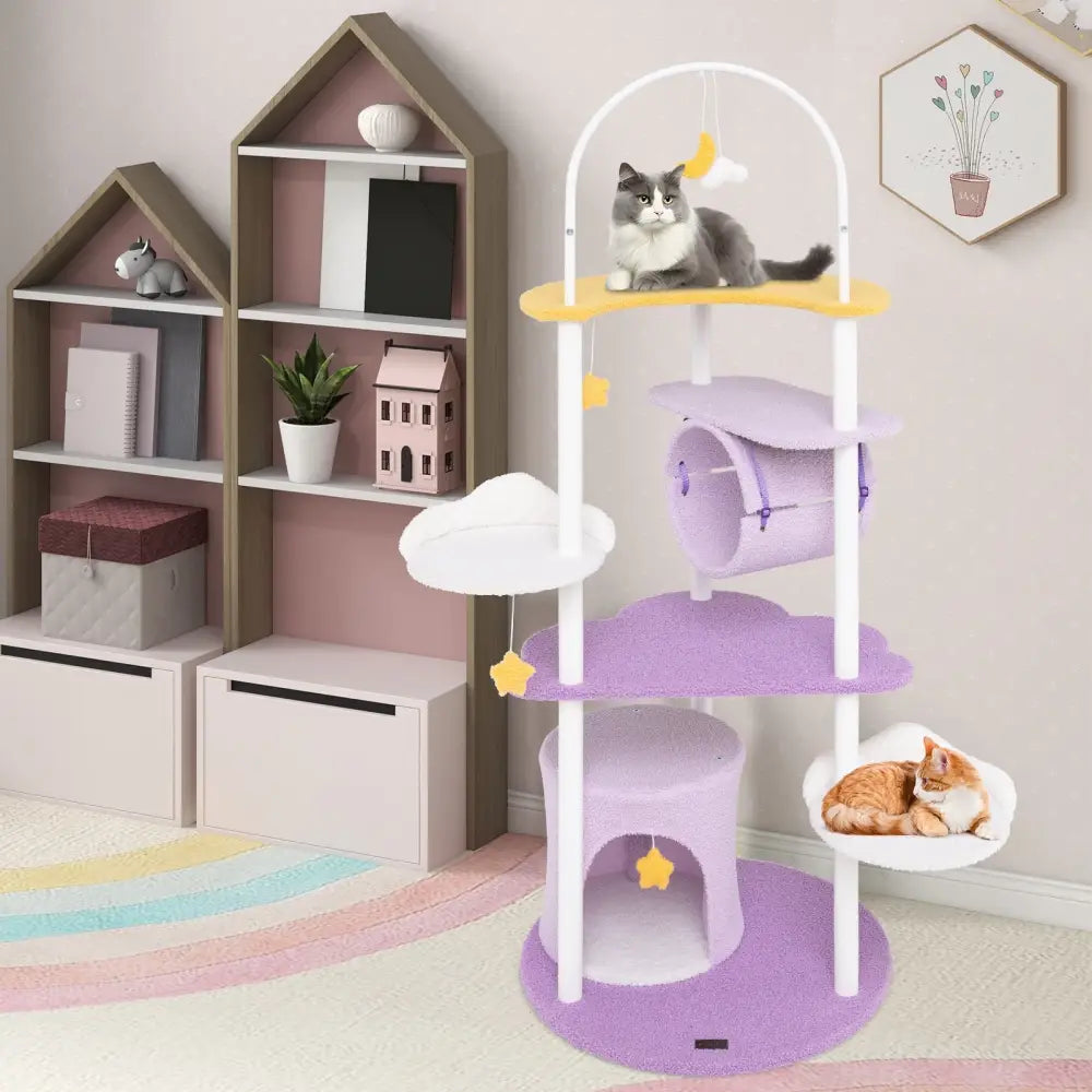62 Inches Large Cat Tower with Metal Frame and Jumping Platforms-Purple - Purple - Cat Trees Condos & Scratchers