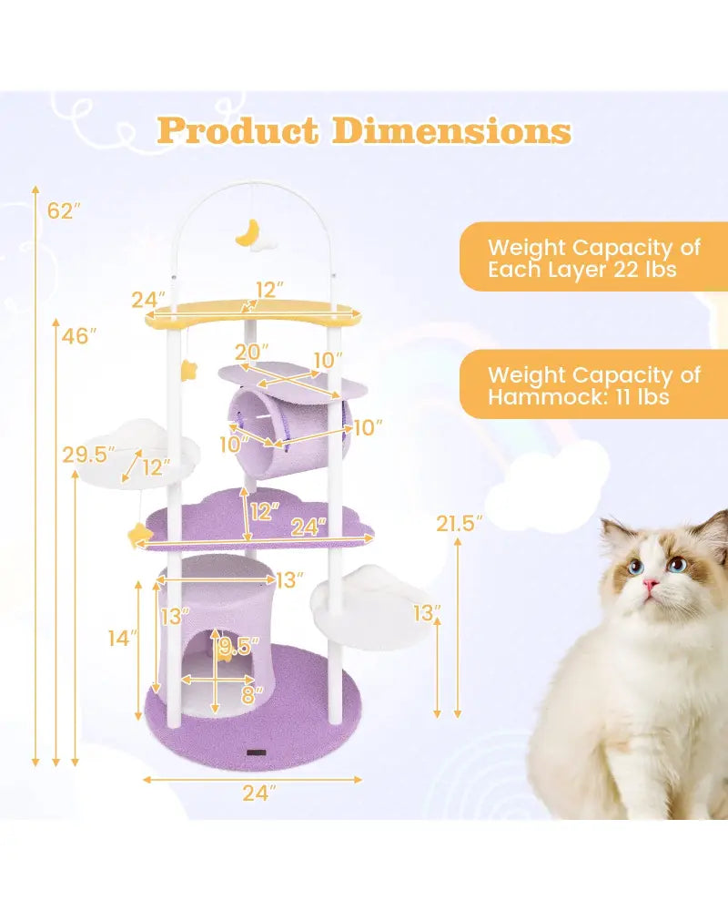62 Inches Large Cat Tower with Metal Frame and Jumping Platforms-Purple - Purple - Cat Trees Condos & Scratchers