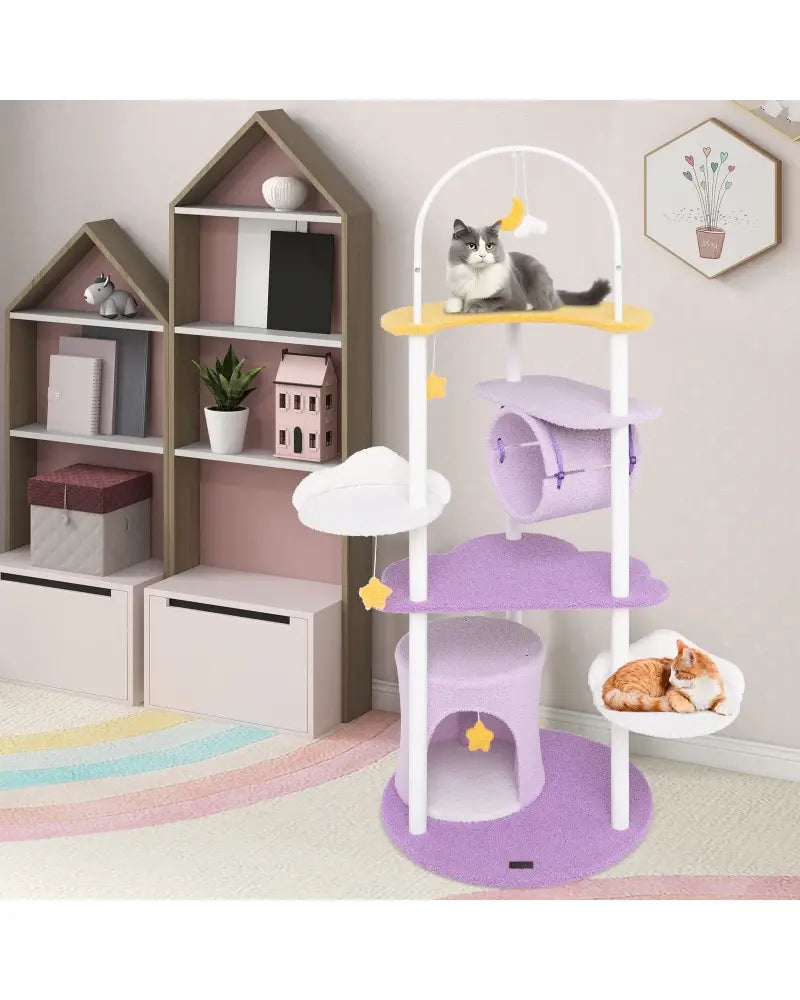 62 Inches Large Cat Tower with Metal Frame and Jumping Platforms-Purple - Purple - Cat Trees Condos & Scratchers