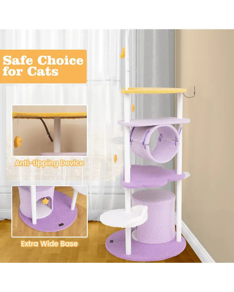 62 Inches Large Cat Tower with Metal Frame and Jumping Platforms-Purple - Purple - Cat Trees Condos & Scratchers