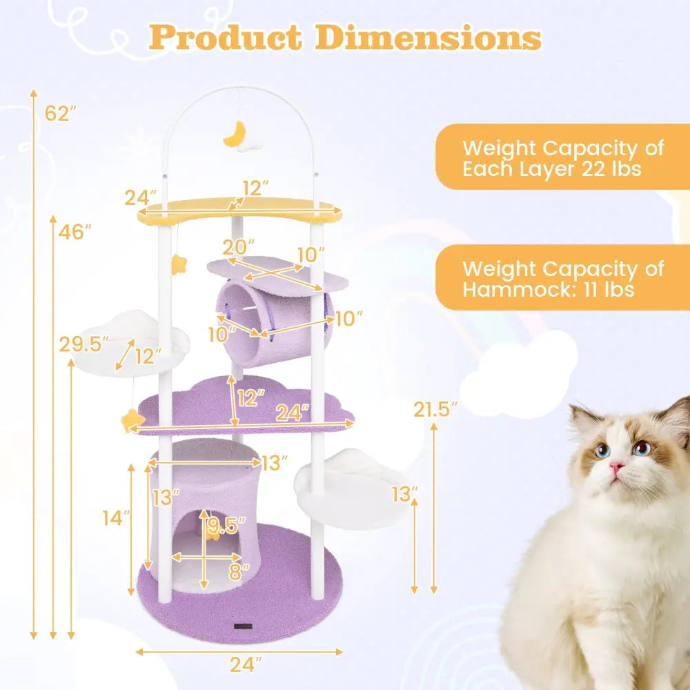 62 Inches Large Cat Tower with Metal Frame and Jumping Platforms-Purple - Purple - Cat Trees Condos & Scratchers