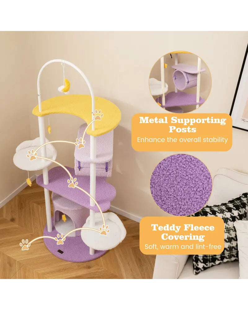 62 Inches Large Cat Tower with Metal Frame and Jumping Platforms-Purple - Purple - Cat Trees Condos & Scratchers