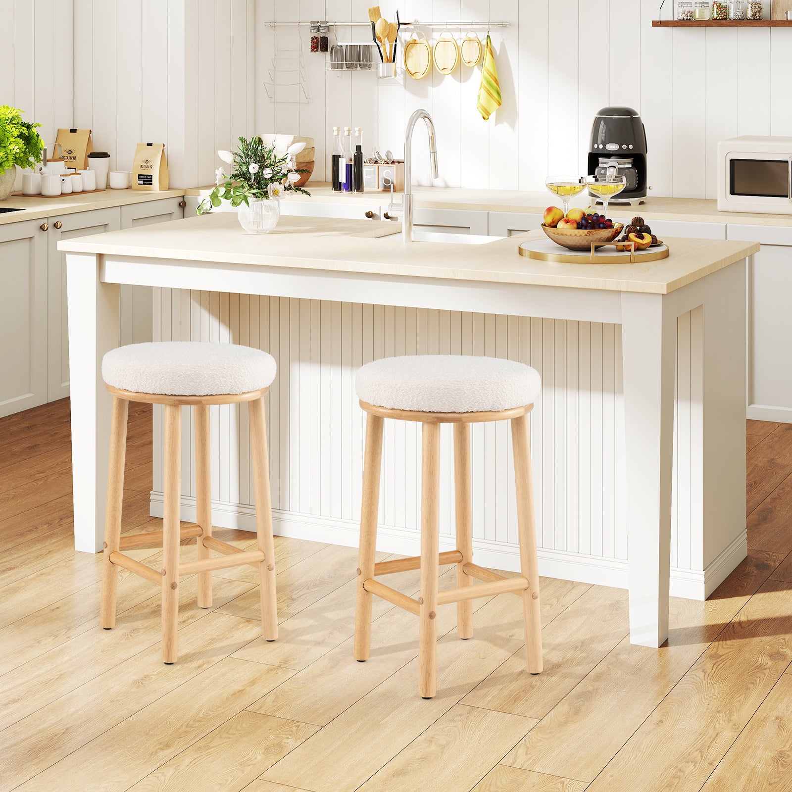 27" Bar Stools Set of 2 Upholstered Barstools with Boucle Fabric Seats-White