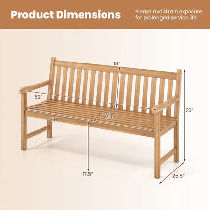 62inch Teak Outdoor Porch Bench 3-Seat Solid Wood Garden Patio Bench with Armrests - Outdoor Benches