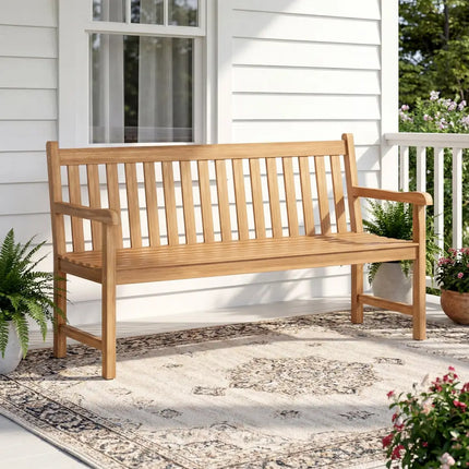 62inch Teak Outdoor Porch Bench 3-Seat Solid Wood Garden Patio Bench with Armrests - Outdoor Benches