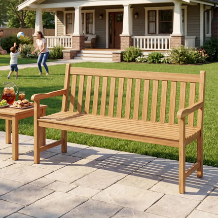 62inch Teak Outdoor Porch Bench 3-Seat Solid Wood Garden Patio Bench with Armrests - Outdoor Benches