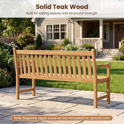 62inch Teak Outdoor Porch Bench 3-Seat Solid Wood Garden Patio Bench with Armrests - Outdoor Benches