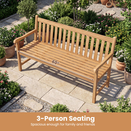 62inch Teak Outdoor Porch Bench 3-Seat Solid Wood Garden Patio Bench with Armrests