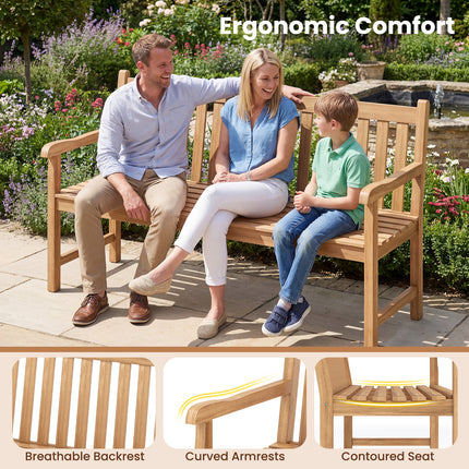62inch Teak Outdoor Porch Bench 3-Seat Solid Wood Garden Patio Bench with Armrests