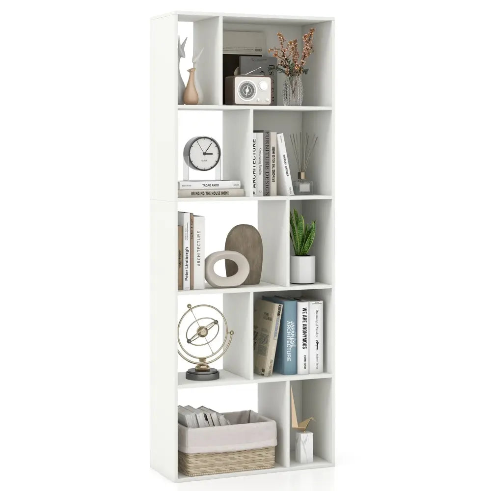 63 Inch 5-Tier Geometric 10-Cube Bookshelf Tall Bookcase-White - White - Bookcases