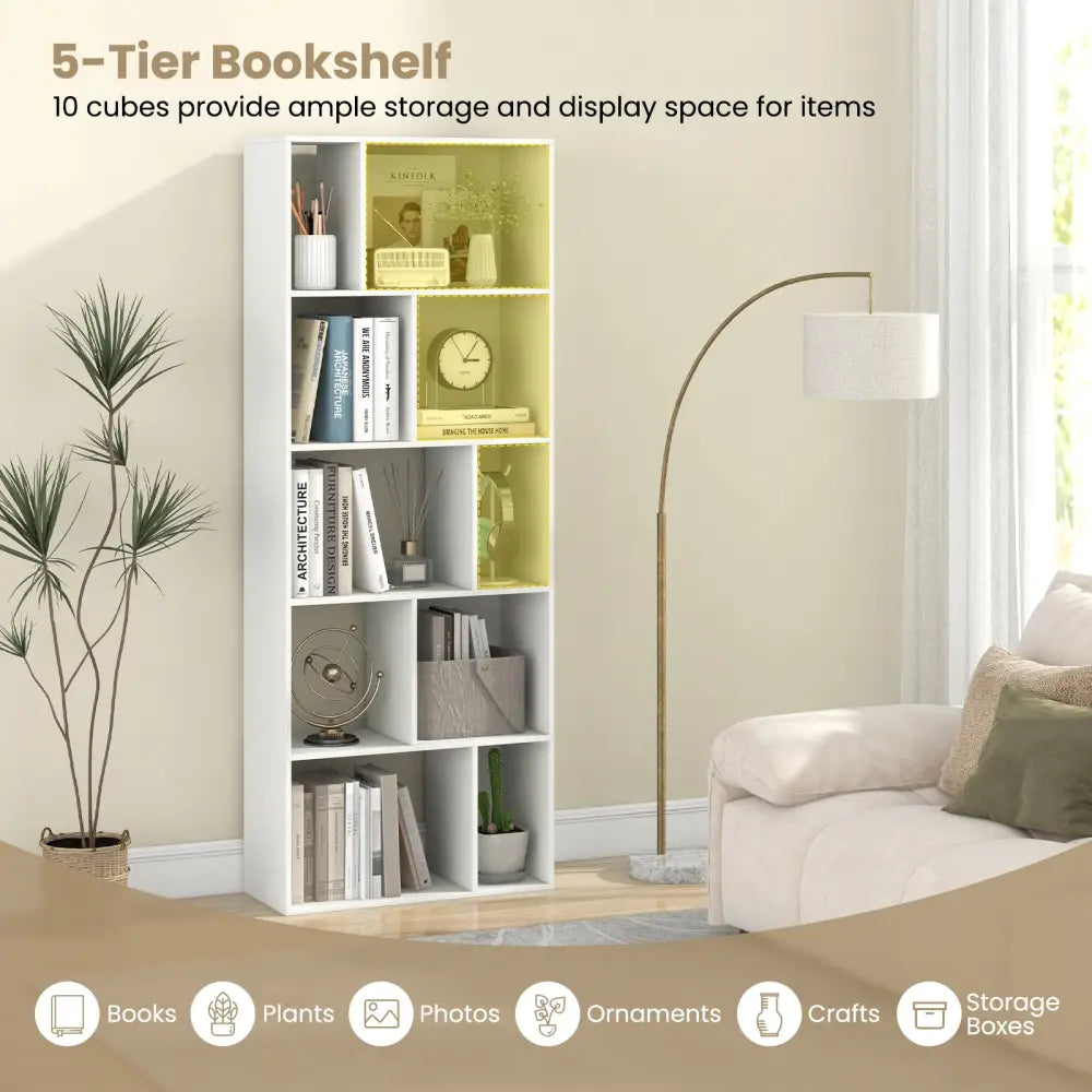 63 Inch 5-Tier Geometric 10-Cube Bookshelf Tall Bookcase-White - White - Bookcases