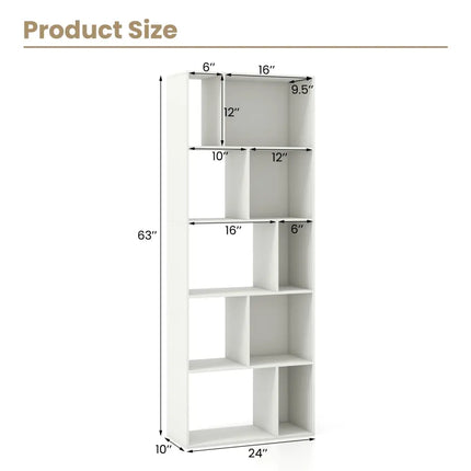63 Inch 5-Tier Geometric 10-Cube Bookshelf Tall Bookcase-White - White - Bookcases