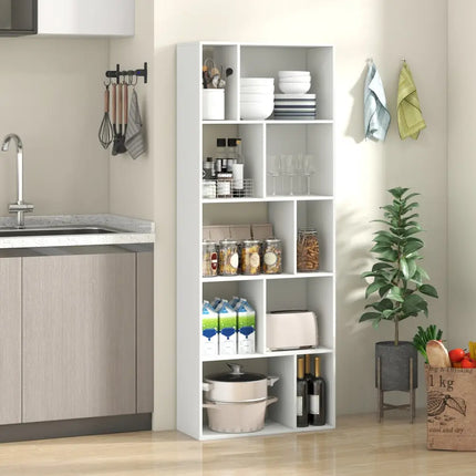 63 Inch 5-Tier Geometric 10-Cube Bookshelf Tall Bookcase-White - White - Bookcases