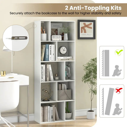 63 Inch 5-Tier Geometric 10-Cube Bookshelf Tall Bookcase-White - White - Bookcases
