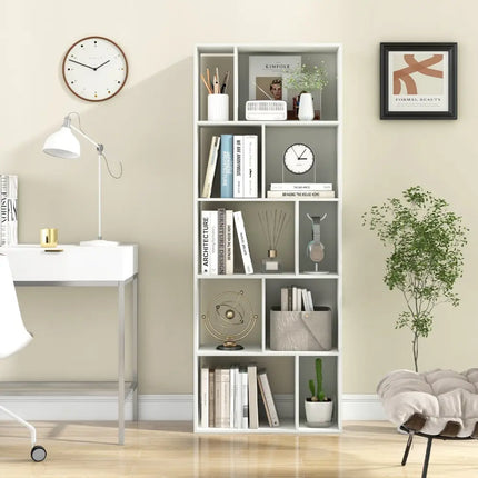 63 Inch 5-Tier Geometric 10-Cube Bookshelf Tall Bookcase-White - White - Bookcases