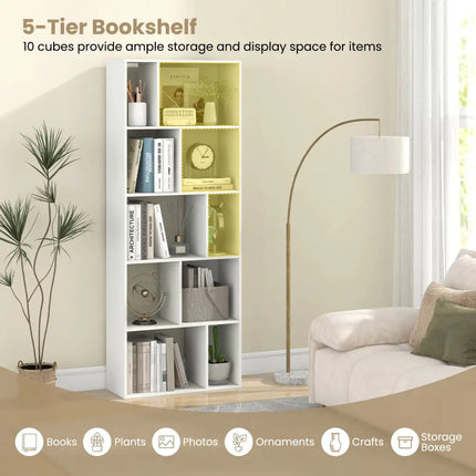 63 Inch 5-Tier Geometric 10-Cube Bookshelf Tall Bookcase-White - White - Bookcases