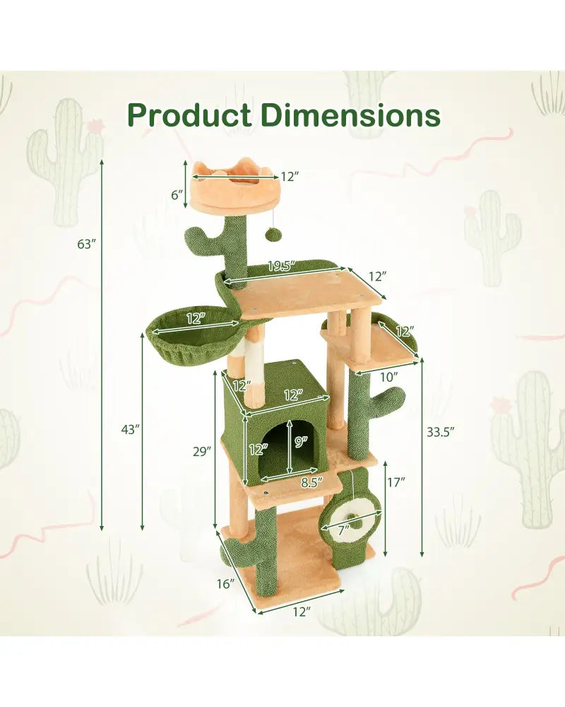 63 Inch Cactus Cat Tree with Sisal Scratching Posts and Board for Indoor Cats - Green - Cat Trees Condos & Scratchers