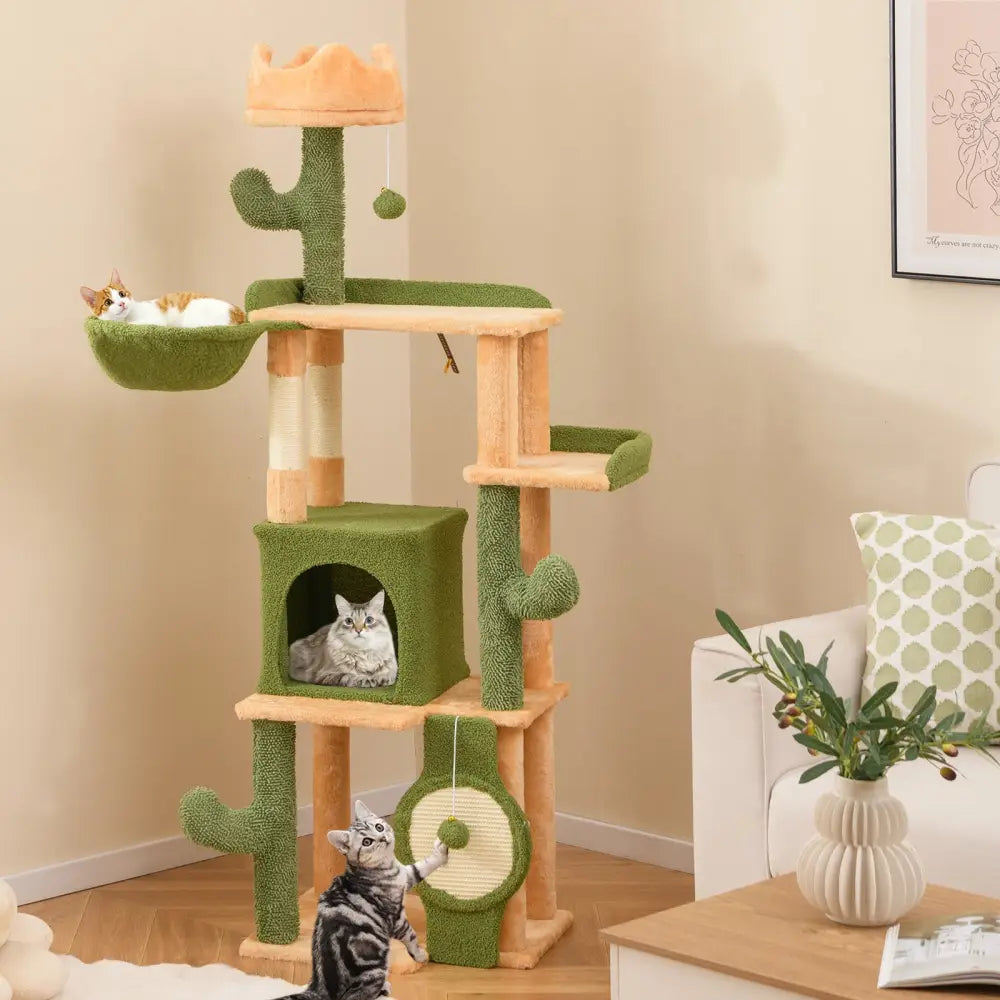 63 Inch Cactus Cat Tree with Sisal Scratching Posts and Board for Indoor Cats - Green - Cat Trees Condos & Scratchers