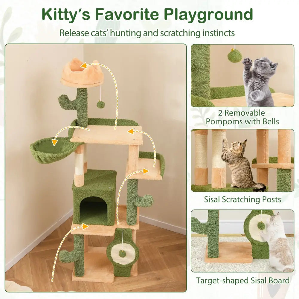 63 Inch Cactus Cat Tree with Sisal Scratching Posts and Board for Indoor Cats - Green - Cat Trees Condos & Scratchers