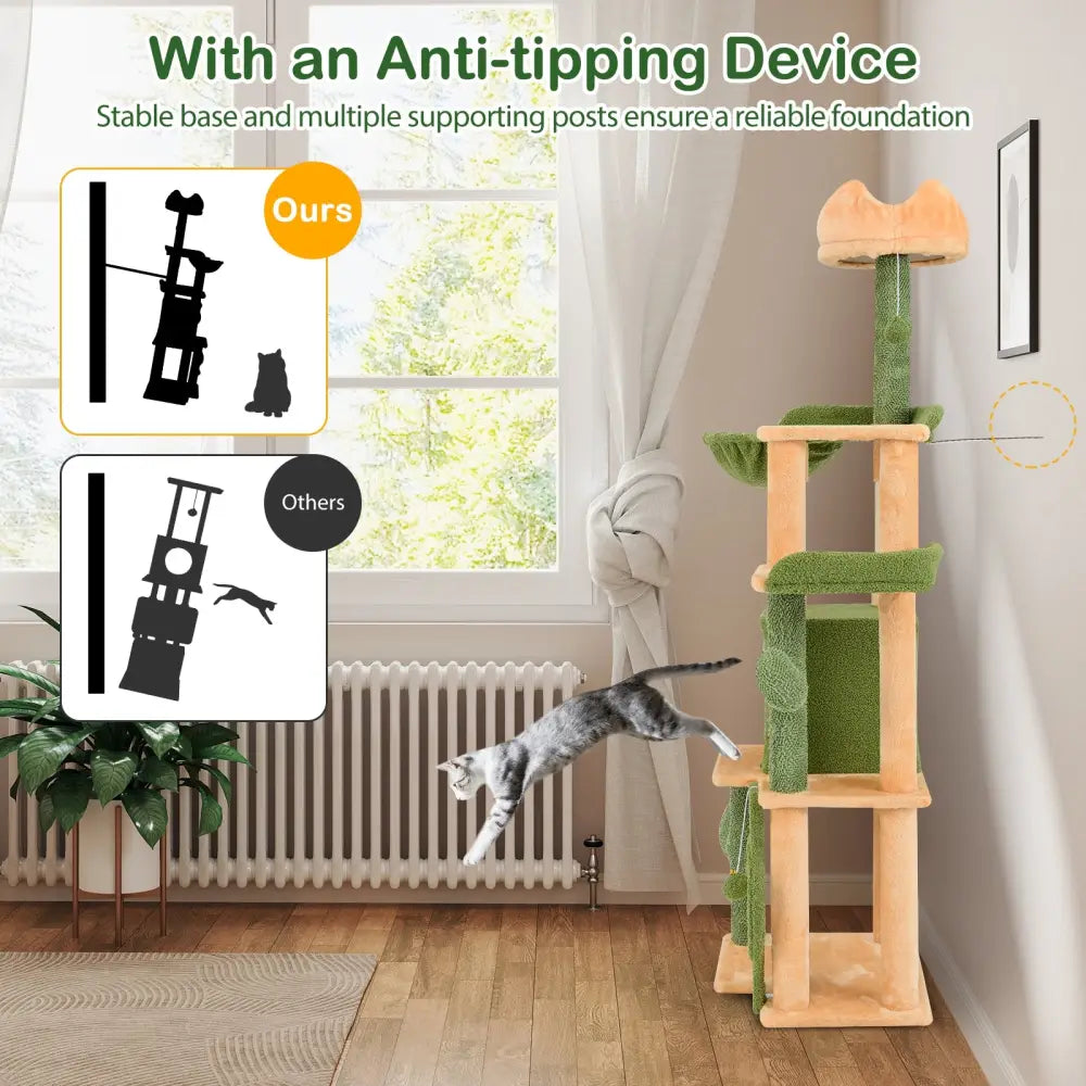 63 Inch Cactus Cat Tree with Sisal Scratching Posts and Board for Indoor Cats - Green - Cat Trees Condos & Scratchers