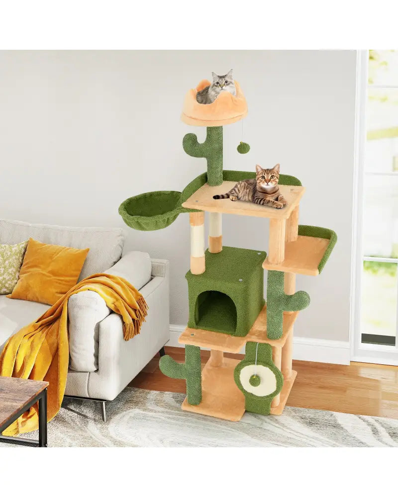 63 Inch Cactus Cat Tree with Sisal Scratching Posts and Board for Indoor Cats - Green - Cat Trees Condos & Scratchers