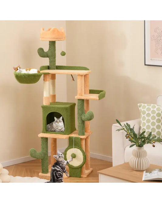 63 Inch Cactus Cat Tree with Sisal Scratching Posts and Board for Indoor Cats - Green - Cat Trees Condos & Scratchers