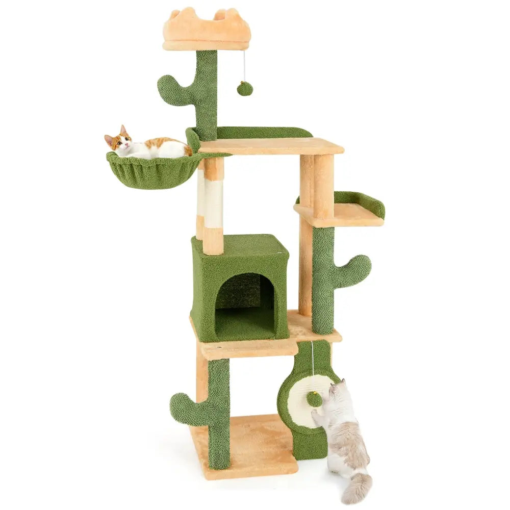 63 Inch Cactus Cat Tree with Sisal Scratching Posts and Board for Indoor Cats - Green - Cat Trees Condos & Scratchers