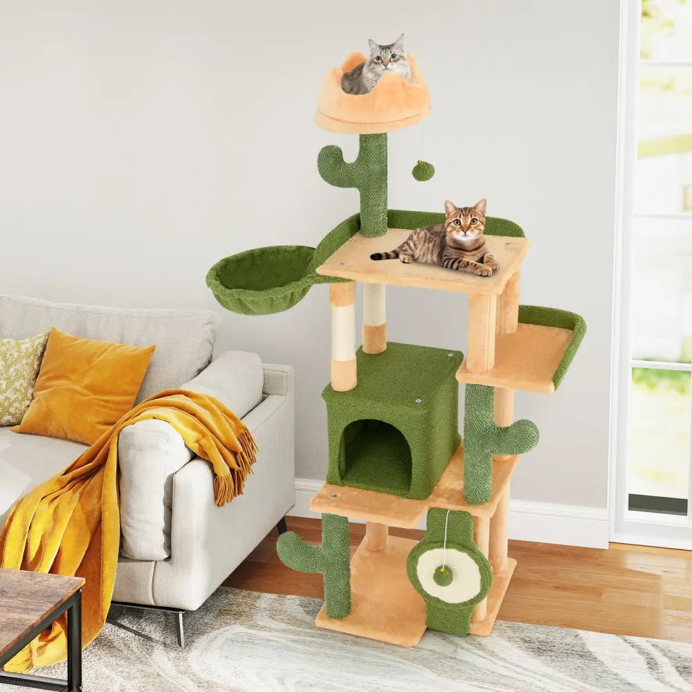 63 Inch Cactus Cat Tree with Sisal Scratching Posts and Board for Indoor Cats - Green - Cat Trees Condos & Scratchers
